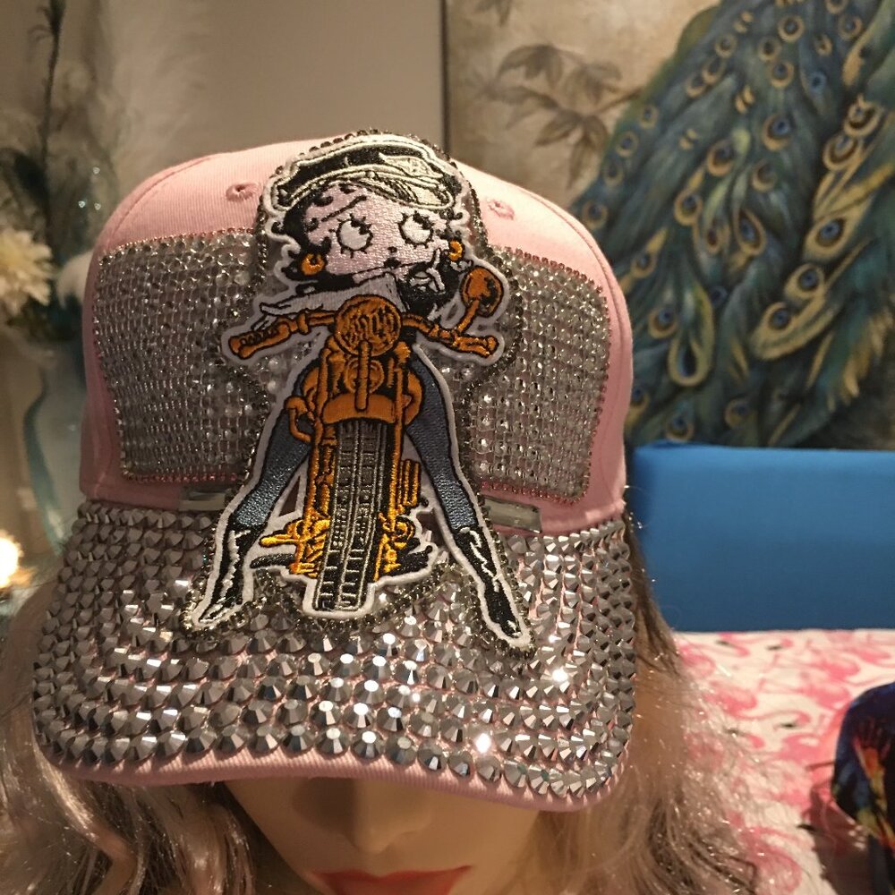 Biker Babe Pink Betty Boop Rhinestone Baseball Cap NEW